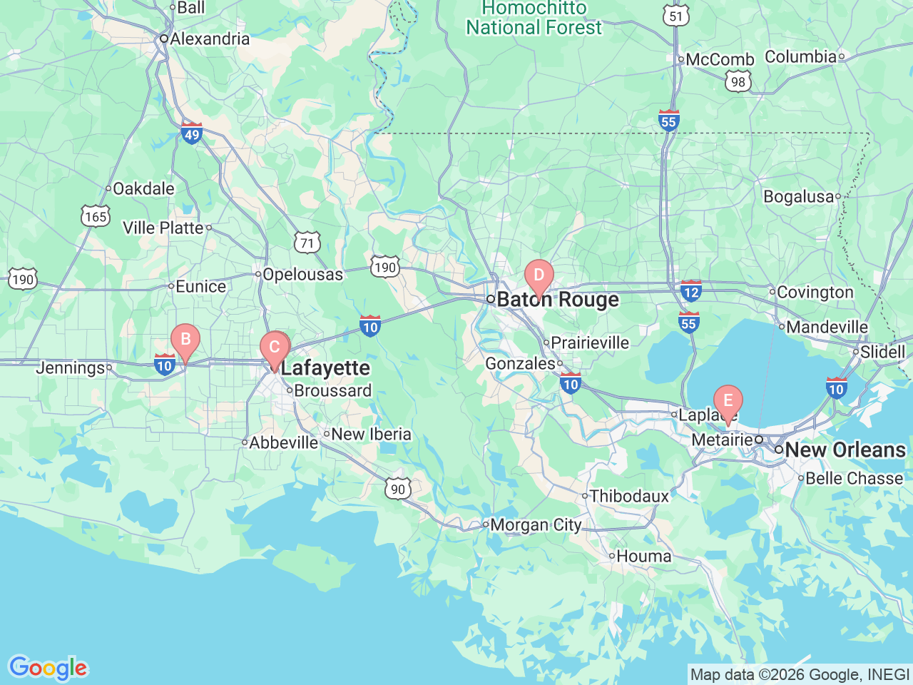 Map of Ochsner-affiliated facilities that provide services related to Advanced Endoscopy/Pancreatic and Biliary Services