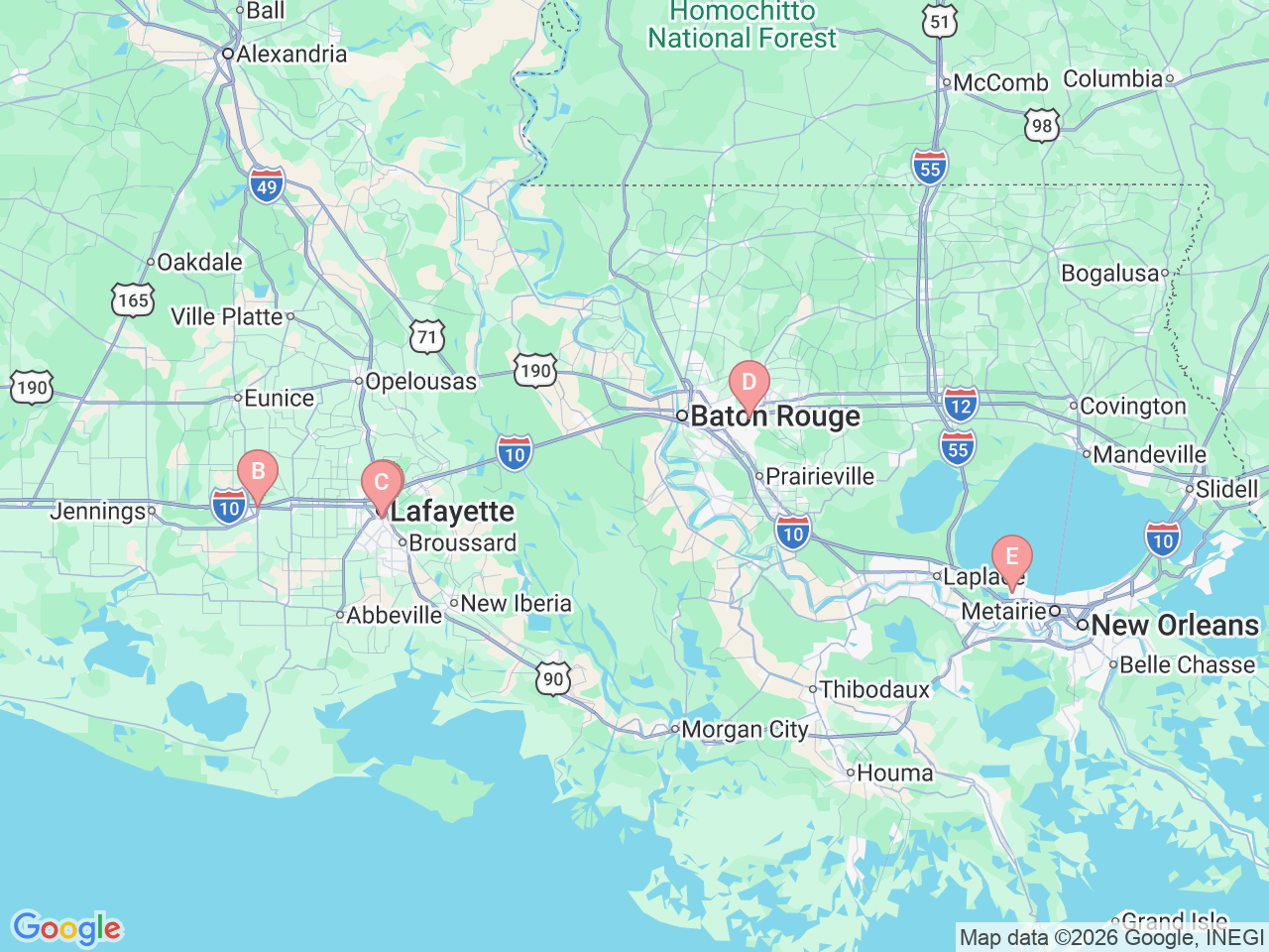 Map of Ochsner-affiliated facilities that provide services related to Advanced Endoscopy/Pancreatic and Biliary Services