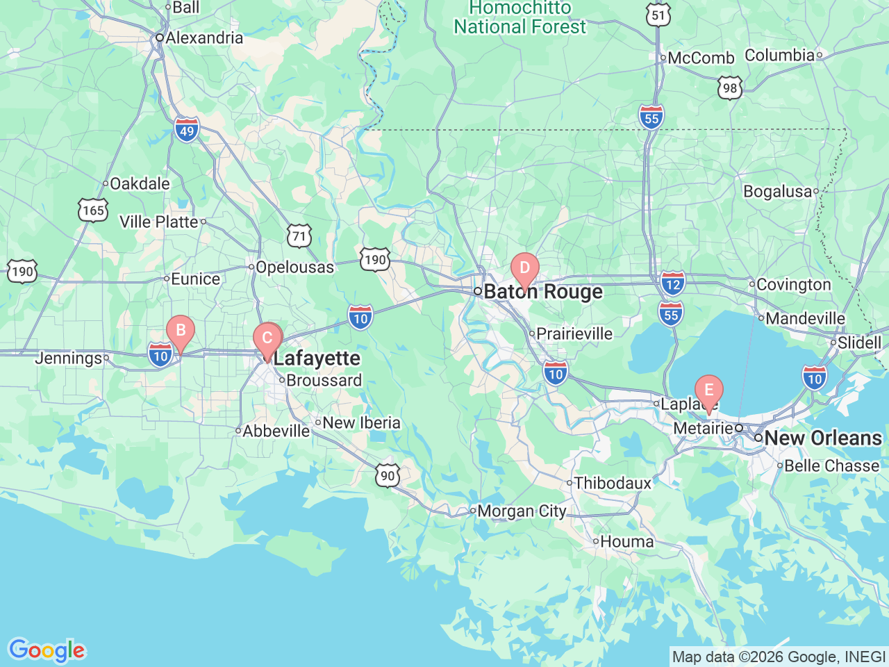 Map of Ochsner-affiliated facilities that provide services related to Advanced Endoscopy/Pancreatic and Biliary Services