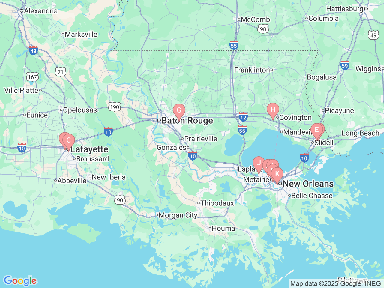 Map of Ochsner-affiliated facilities that provide services related to Allergy, Asthma and Immunology