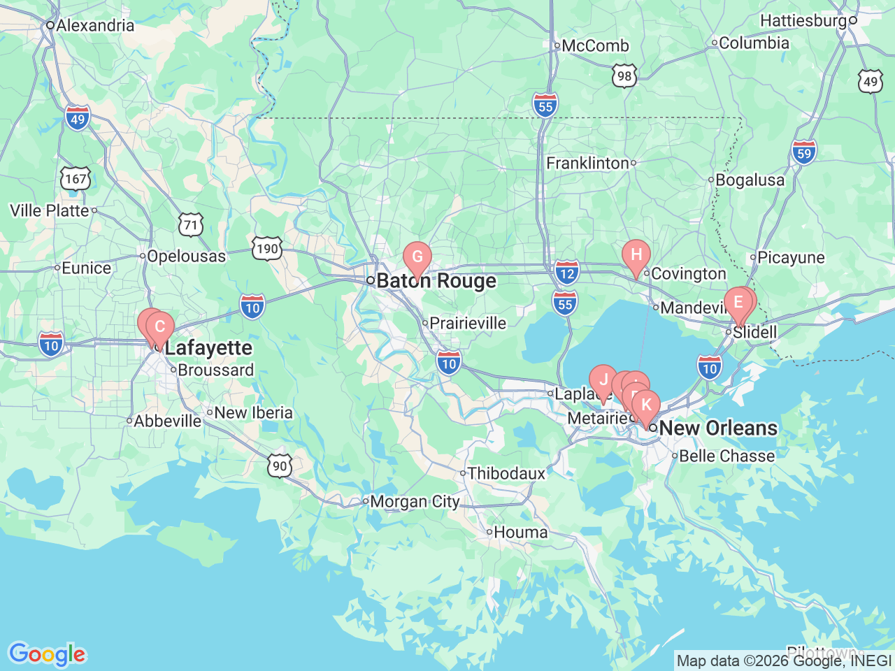 Map of Ochsner-affiliated facilities that provide services related to Allergy, Asthma and Immunology