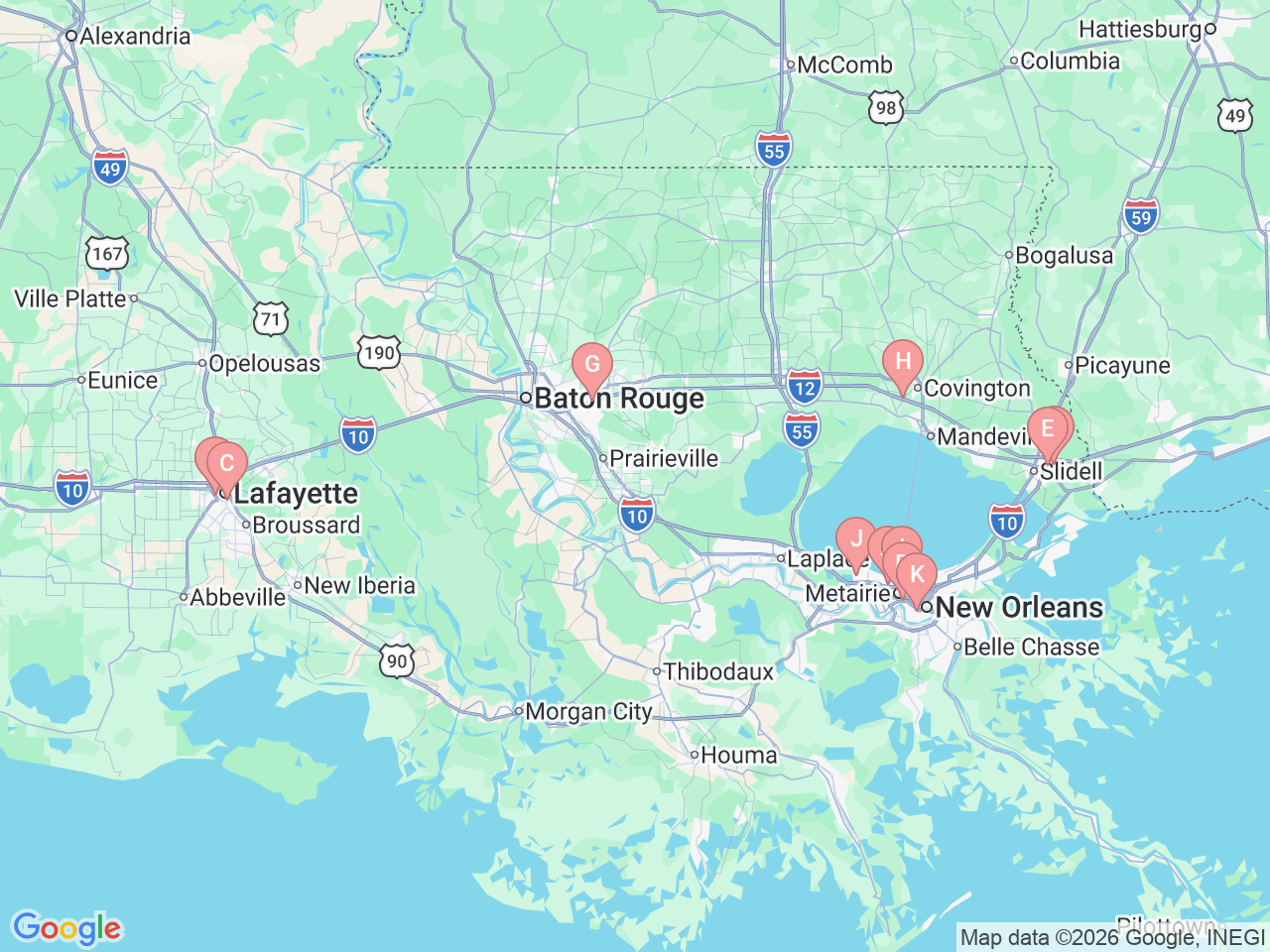 Map of Ochsner-affiliated facilities that provide services related to Allergy, Asthma and Immunology