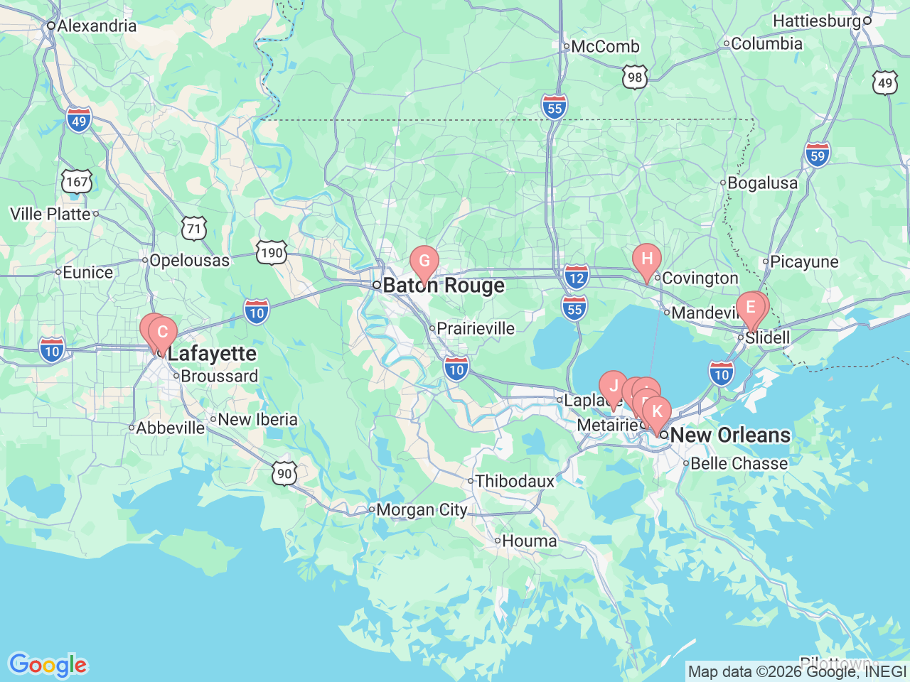 Map of Ochsner-affiliated facilities that provide services related to Allergy, Asthma and Immunology