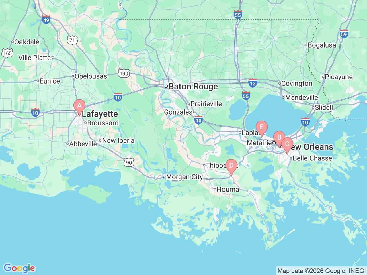 Map of Ochsner-affiliated facilities that provide services related to Alternative Birthing Options