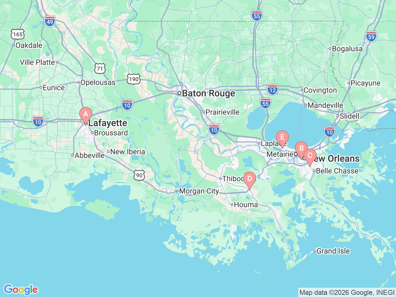 Map of Ochsner-affiliated facilities that provide services related to Alternative Birthing Options