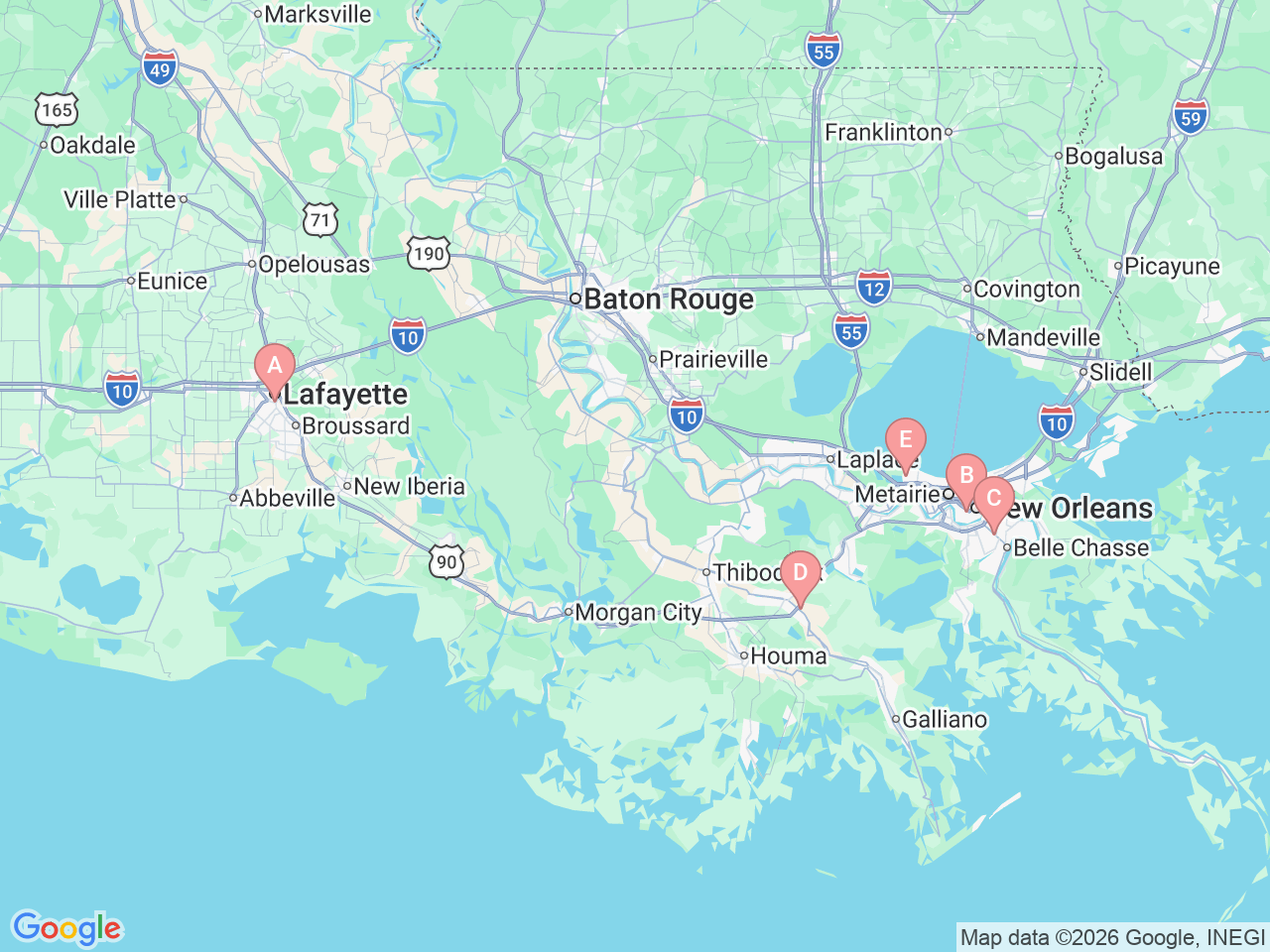 Map of Ochsner-affiliated facilities that provide services related to Alternative Birthing Options
