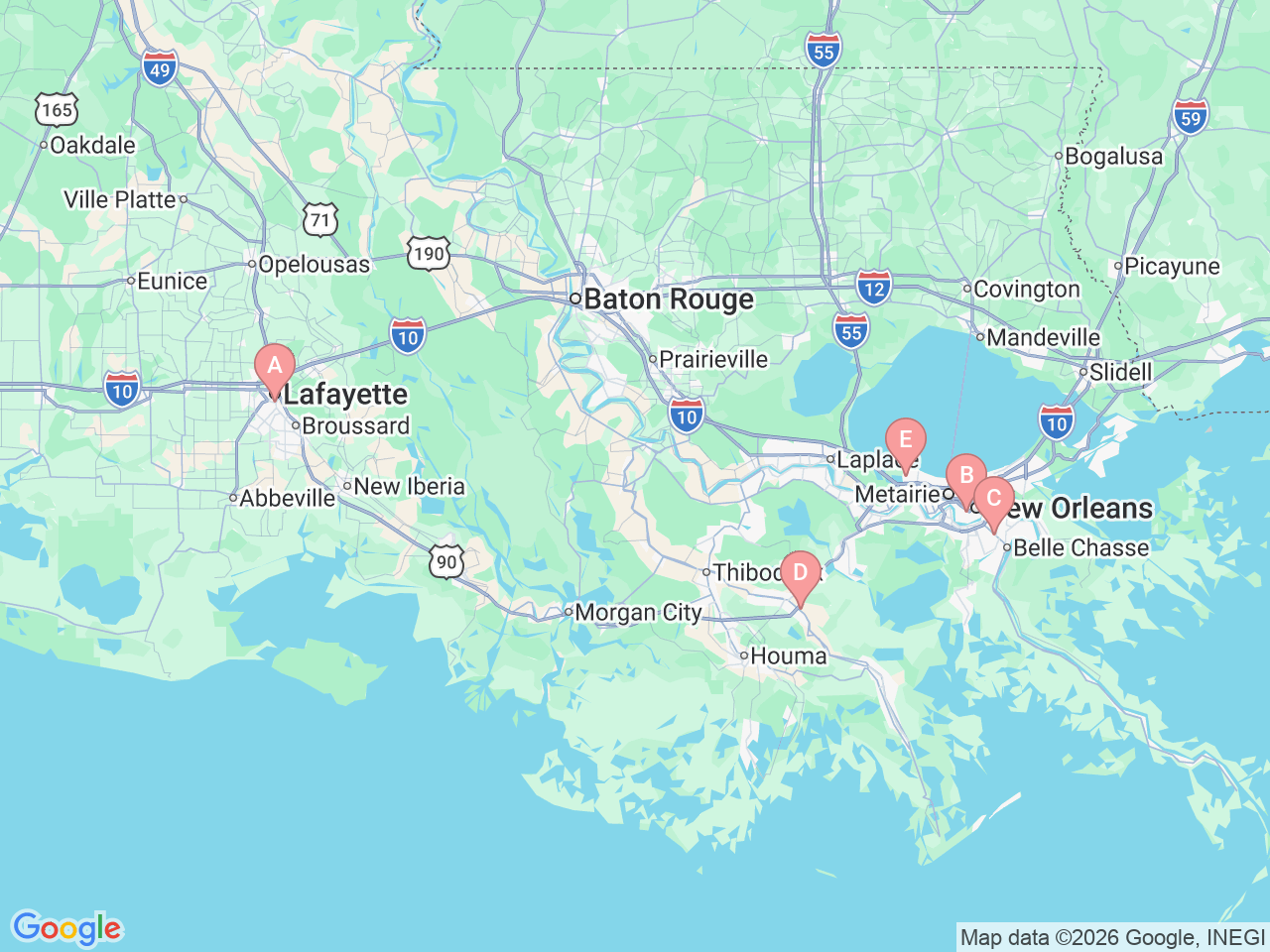 Map of Ochsner-affiliated facilities that provide services related to Alternative Birthing Options