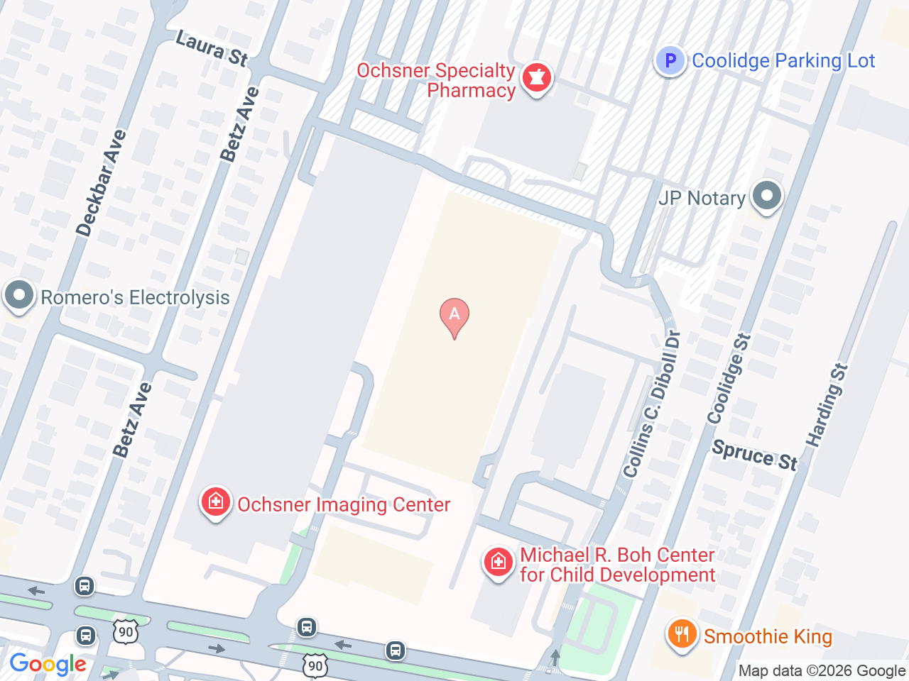 Map of Ochsner-affiliated facilities that provide services related to Amyotrophic Lateral Sclerosis (ALS)