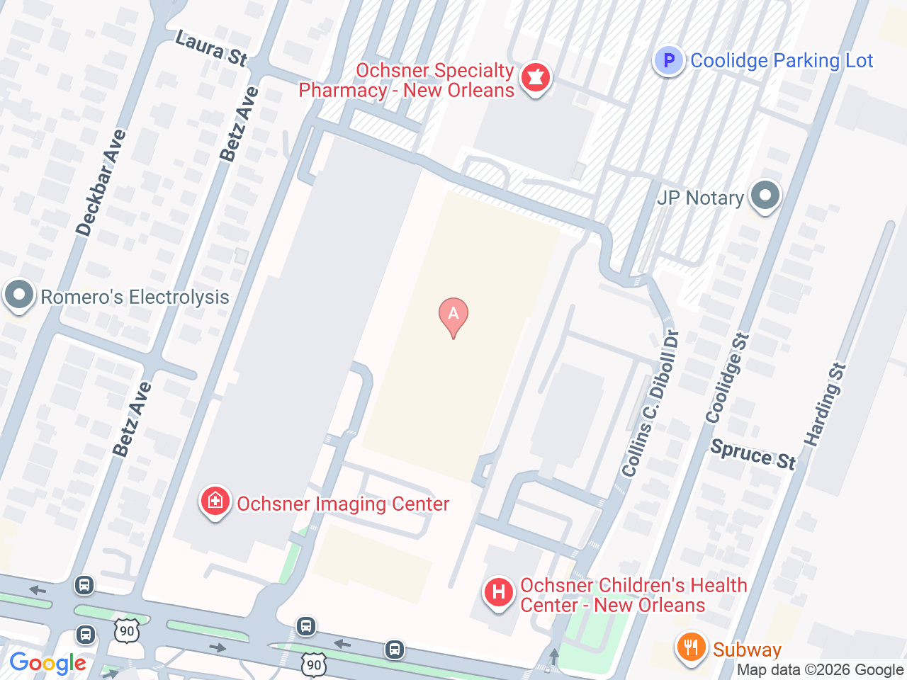 Map of Ochsner-affiliated facilities that provide services related to Amyotrophic Lateral Sclerosis (ALS)