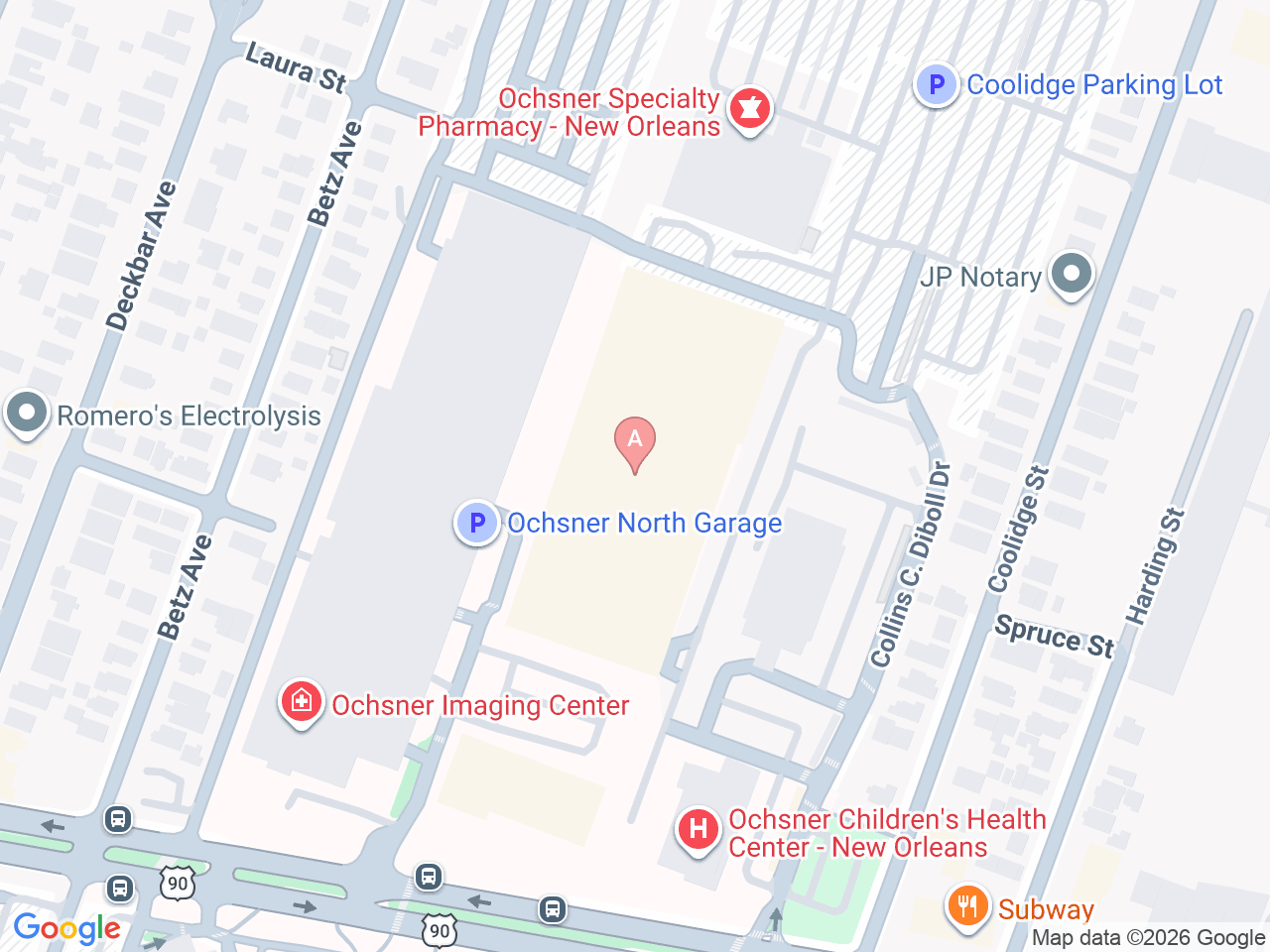 Map of Ochsner-affiliated facilities that provide services related to Amyotrophic Lateral Sclerosis (ALS)