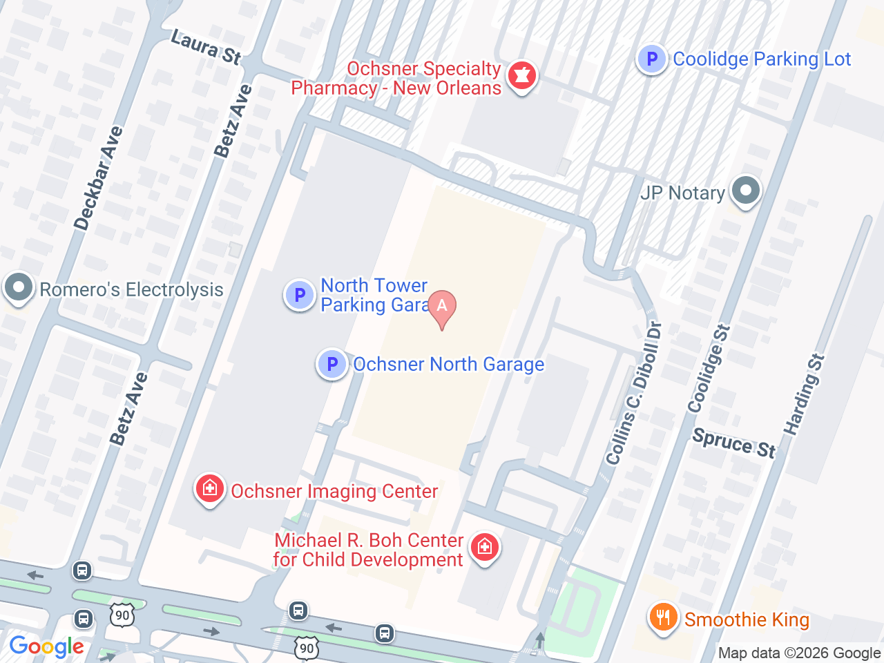 Map of Ochsner-affiliated facilities that provide services related to Amyotrophic Lateral Sclerosis (ALS)