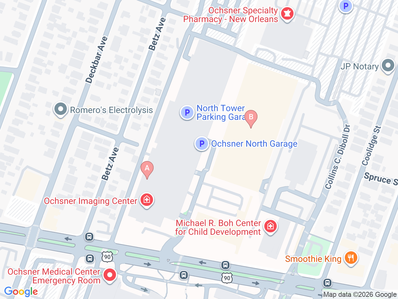 Map of Ochsner-affiliated facilities that provide services related to Amyotrophic Lateral Sclerosis (ALS)