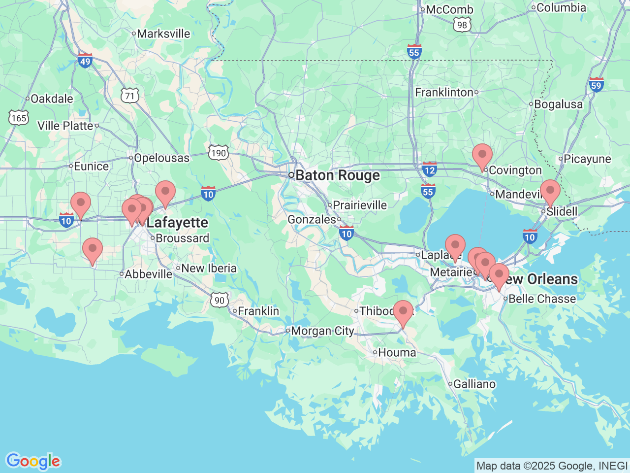 Map of Ochsner-affiliated facilities that provide services related to Anesthesiology