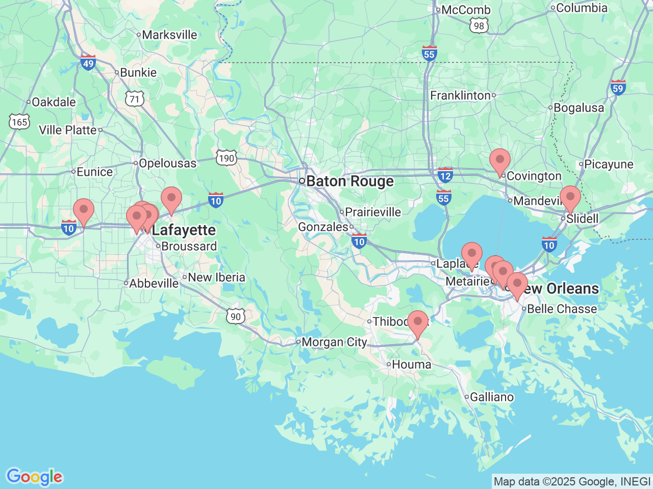 Map of Ochsner-affiliated facilities that provide services related to Anesthesiology