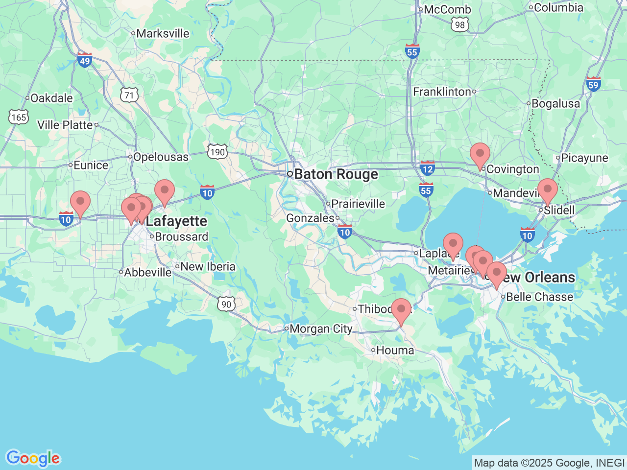 Map of Ochsner-affiliated facilities that provide services related to Anesthesiology