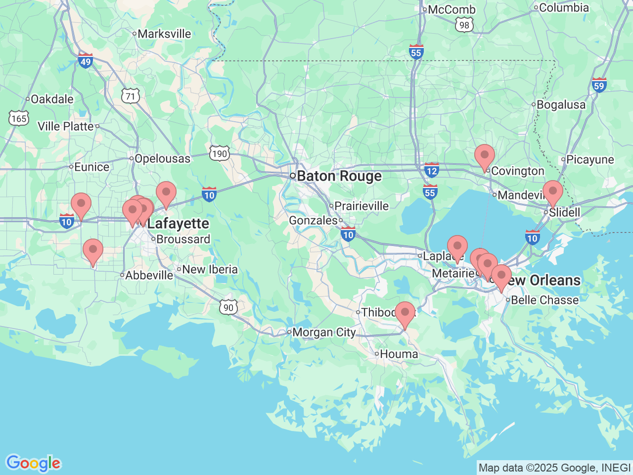 Map of Ochsner-affiliated facilities that provide services related to Anesthesiology