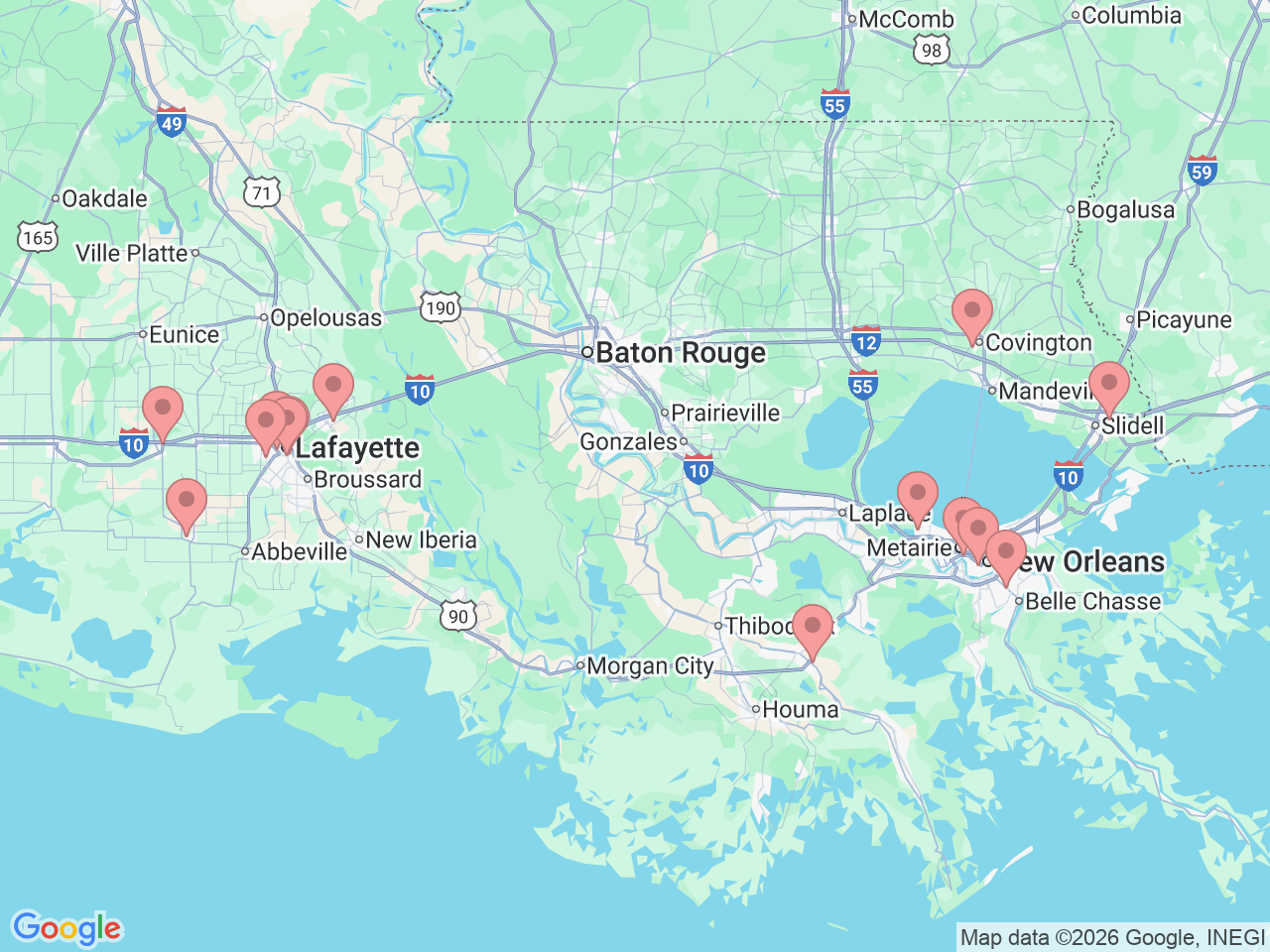 Map of Ochsner-affiliated facilities that provide services related to Anesthesiology