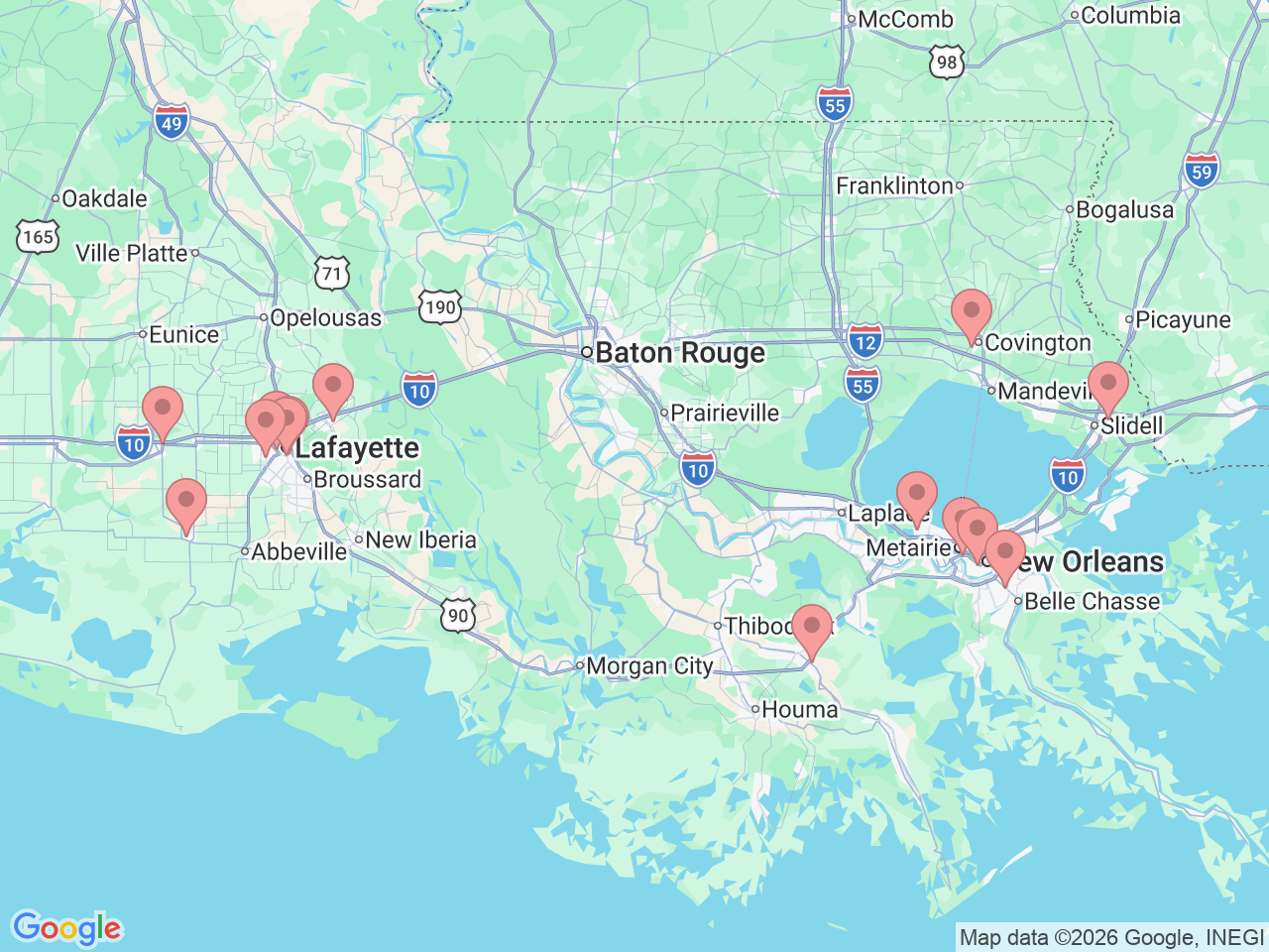 Map of Ochsner-affiliated facilities that provide services related to Anesthesiology