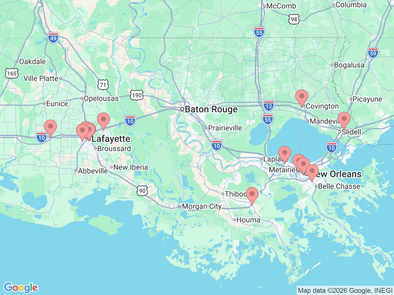 Map of Ochsner-affiliated facilities that provide services related to Anesthesiology