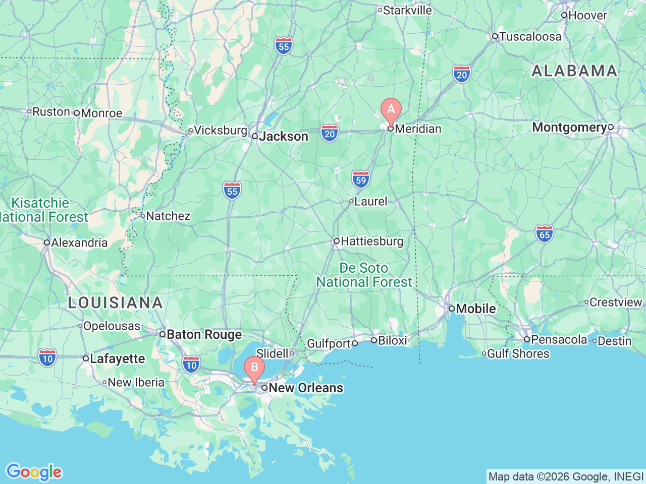 Map of Ochsner-affiliated facilities that provide services related to Athletic Training Outreach Program