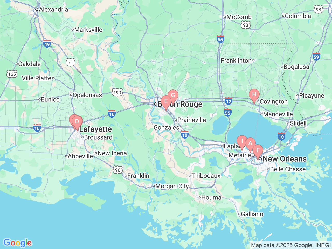Map of Ochsner-affiliated facilities that provide services related to Audiology