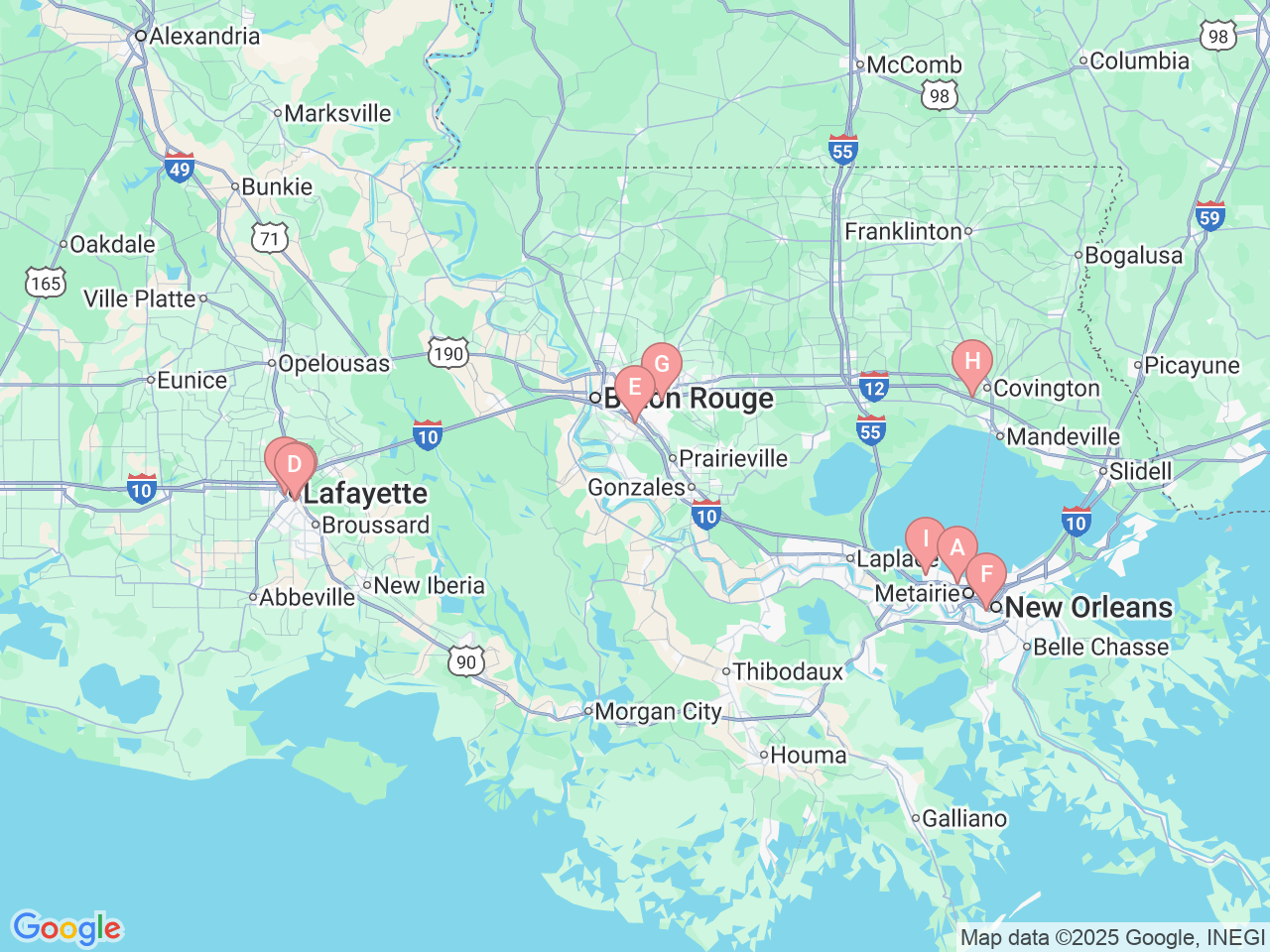 Map of Ochsner-affiliated facilities that provide services related to Audiology