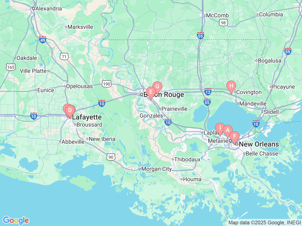 Map of Ochsner-affiliated facilities that provide services related to Audiology