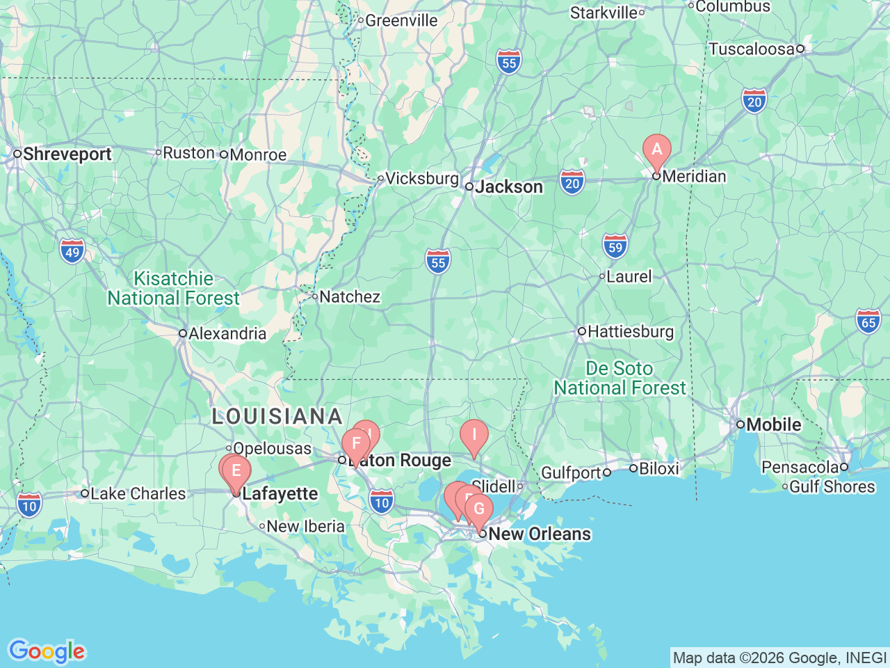 Map of Ochsner-affiliated facilities that provide services related to Audiology