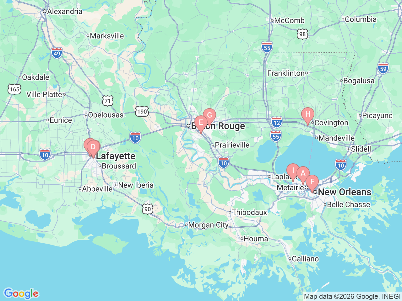 Map of Ochsner-affiliated facilities that provide services related to Audiology