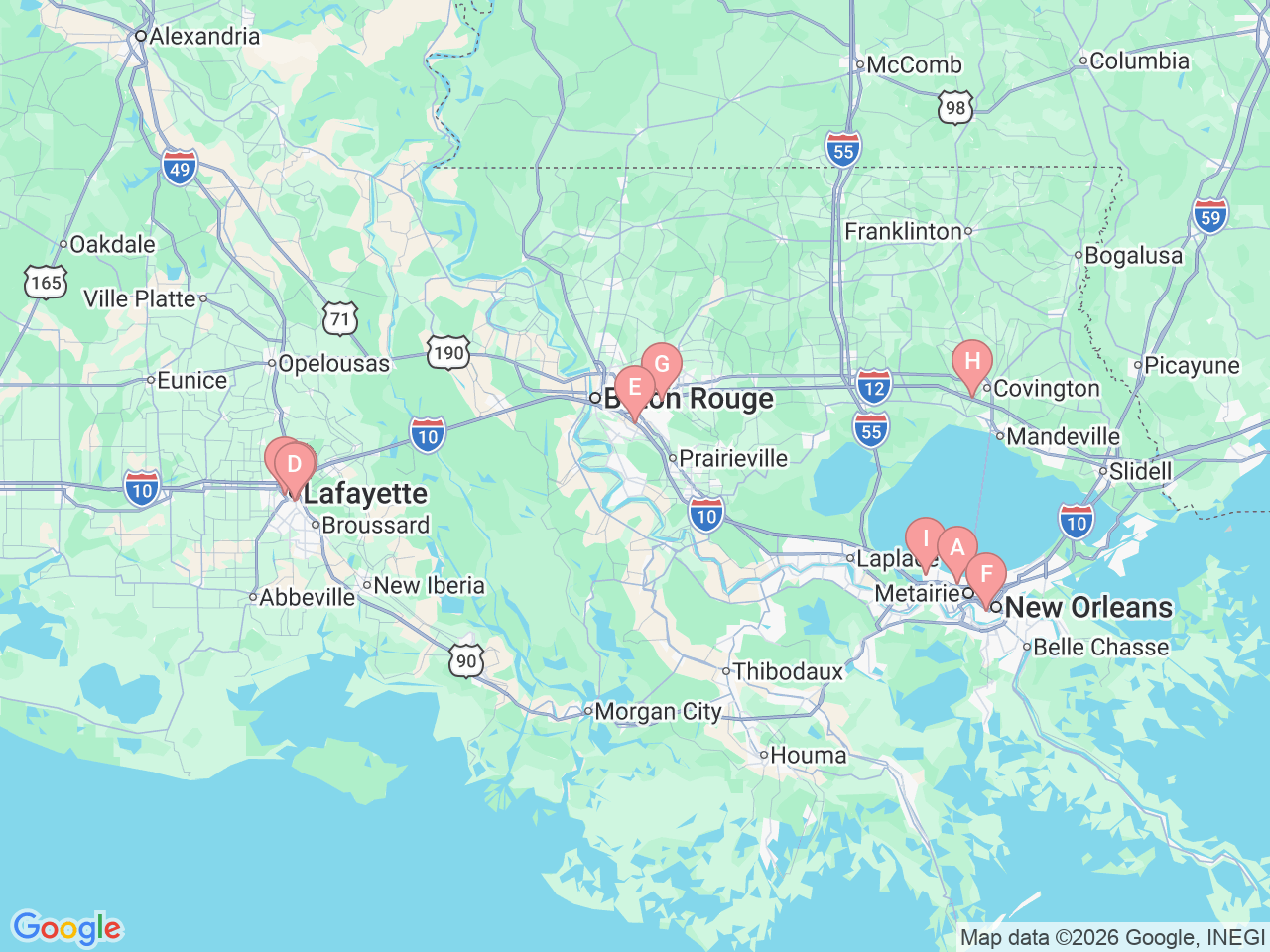 Map of Ochsner-affiliated facilities that provide services related to Audiology