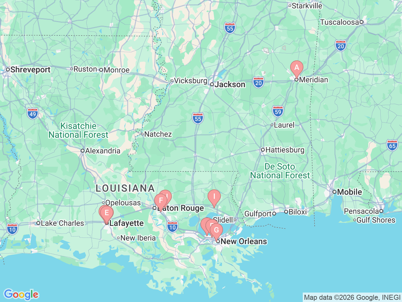 Map of Ochsner-affiliated facilities that provide services related to Audiology