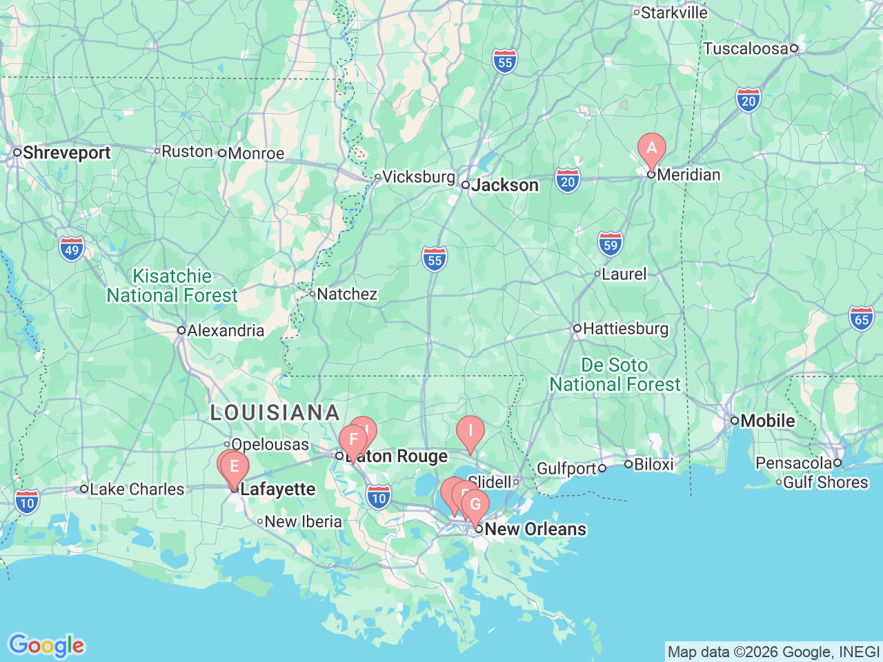 Map of Ochsner-affiliated facilities that provide services related to Audiology