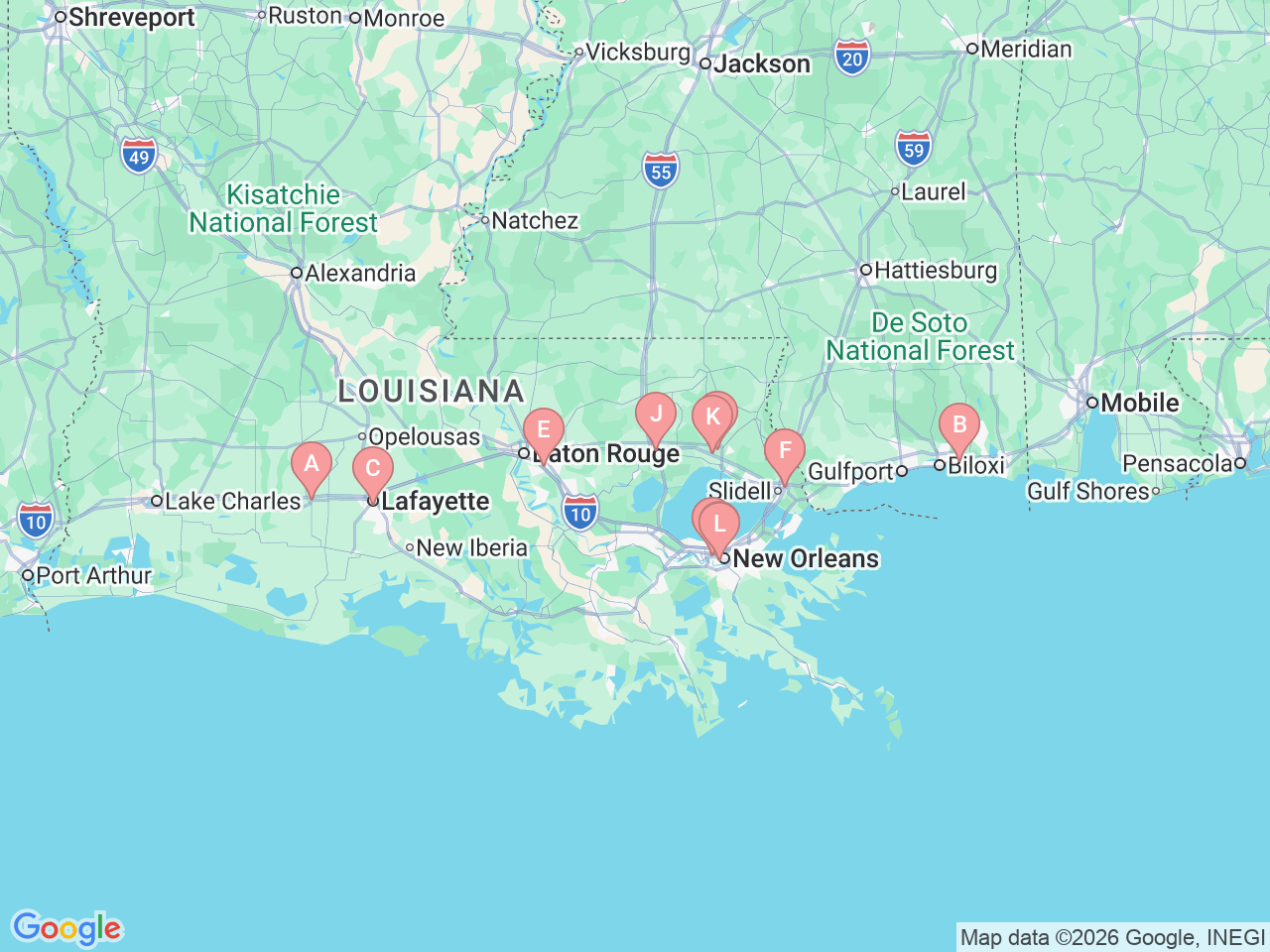 Map of Ochsner-affiliated facilities that provide services related to Ochsner Spine Care