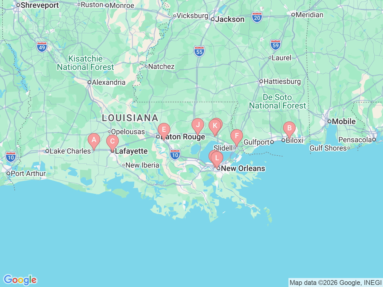 Map of Ochsner-affiliated facilities that provide services related to Ochsner Spine Care