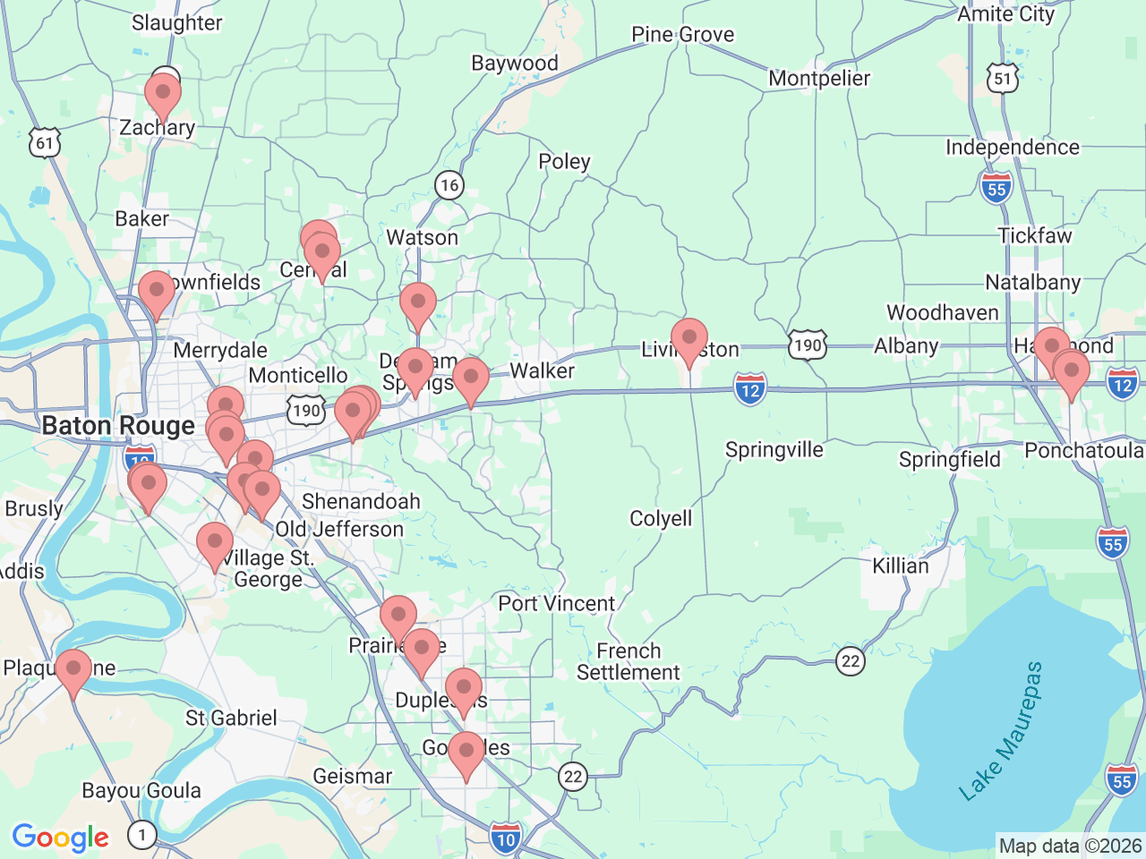 Map of Ochsner-affiliated facilities that provide services related to Baton Rouge Area
