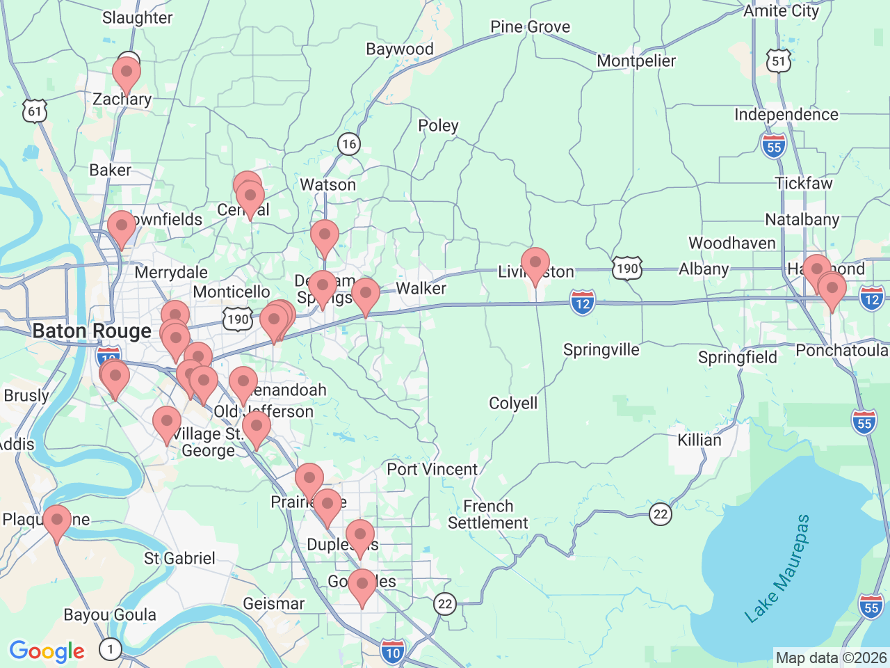 Map of Ochsner-affiliated facilities that provide services related to Baton Rouge Area
