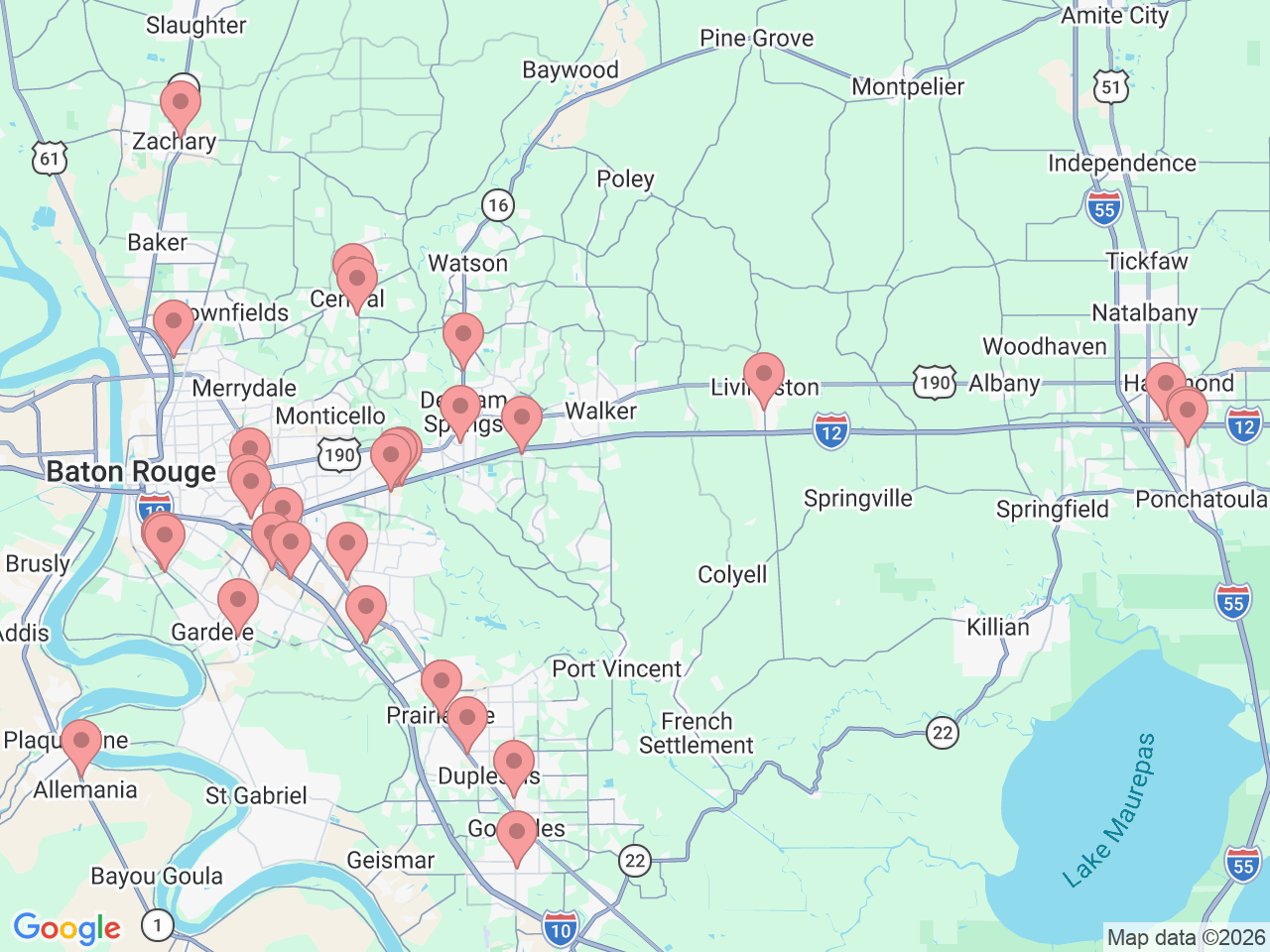 Map of Ochsner-affiliated facilities that provide services related to Baton Rouge Area