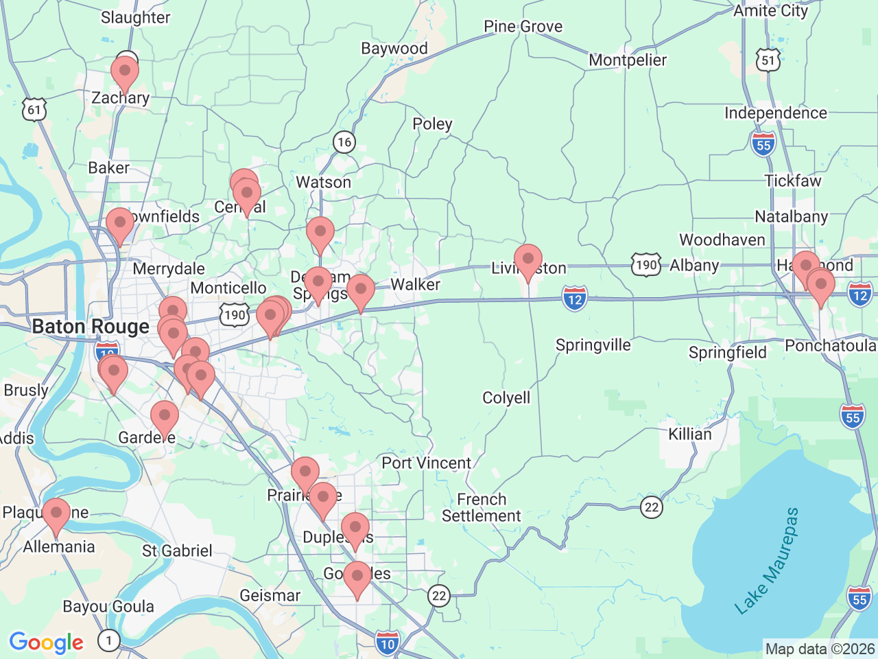 Map of Ochsner-affiliated facilities that provide services related to Baton Rouge Area