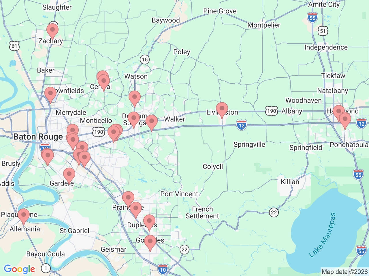 Map of Ochsner-affiliated facilities that provide services related to Baton Rouge Area