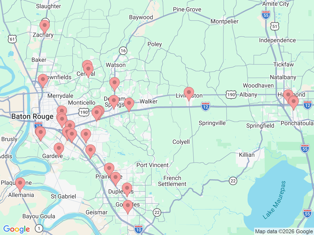 Map of Ochsner-affiliated facilities that provide services related to Baton Rouge Area