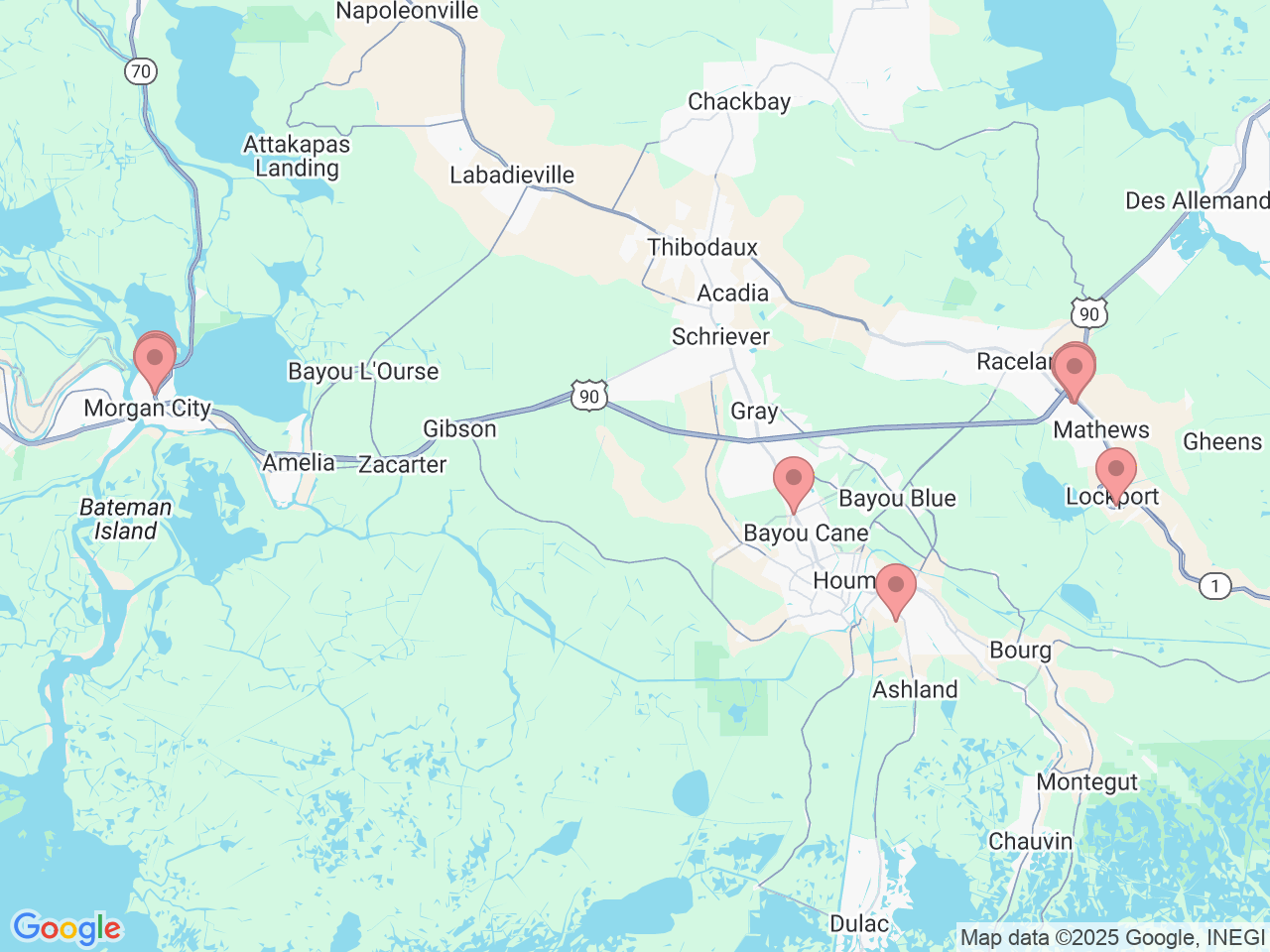 Map of Ochsner-affiliated facilities that provide services related to Bayou