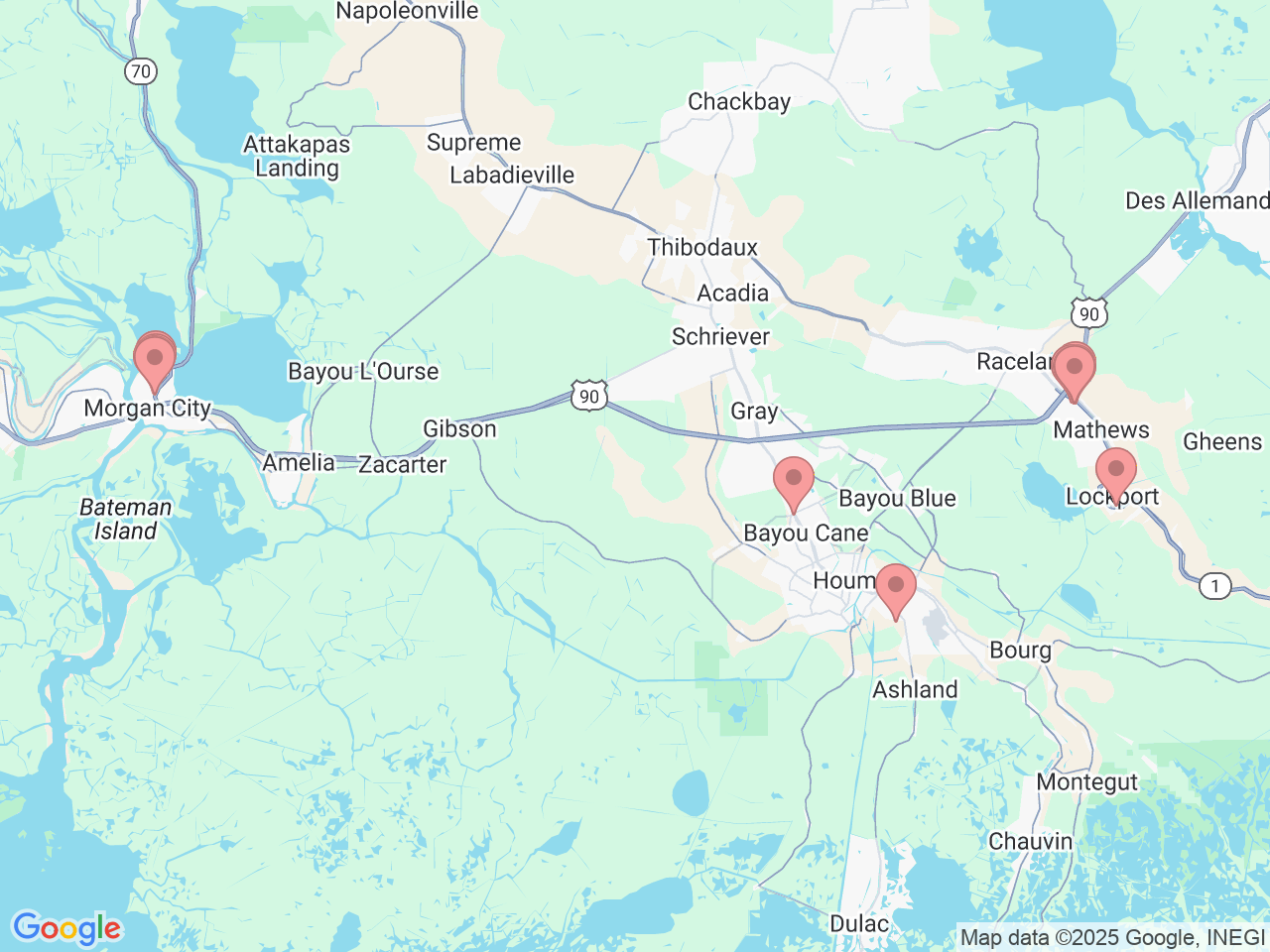 Map of Ochsner-affiliated facilities that provide services related to Bayou