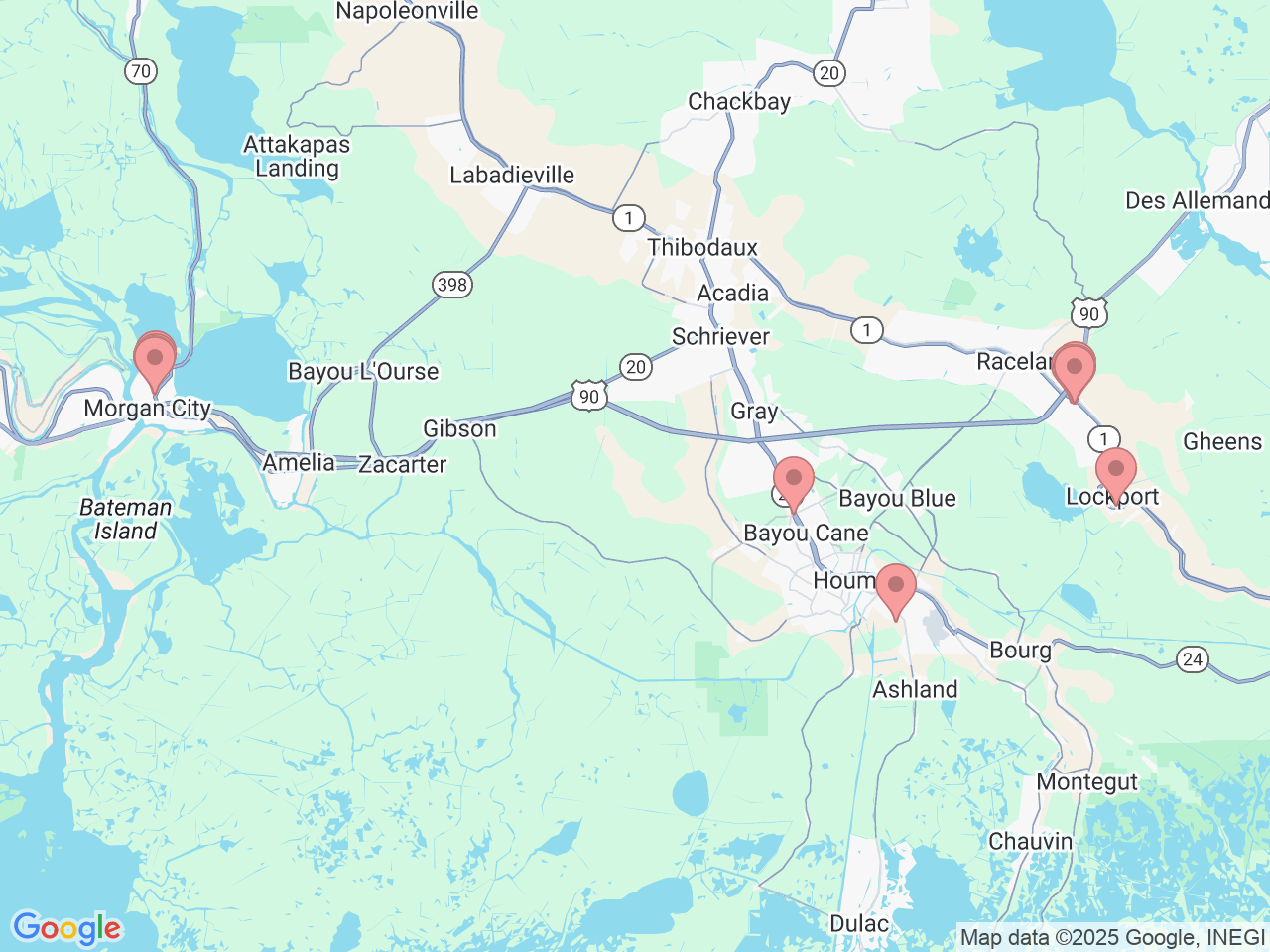 Map of Ochsner-affiliated facilities that provide services related to Bayou