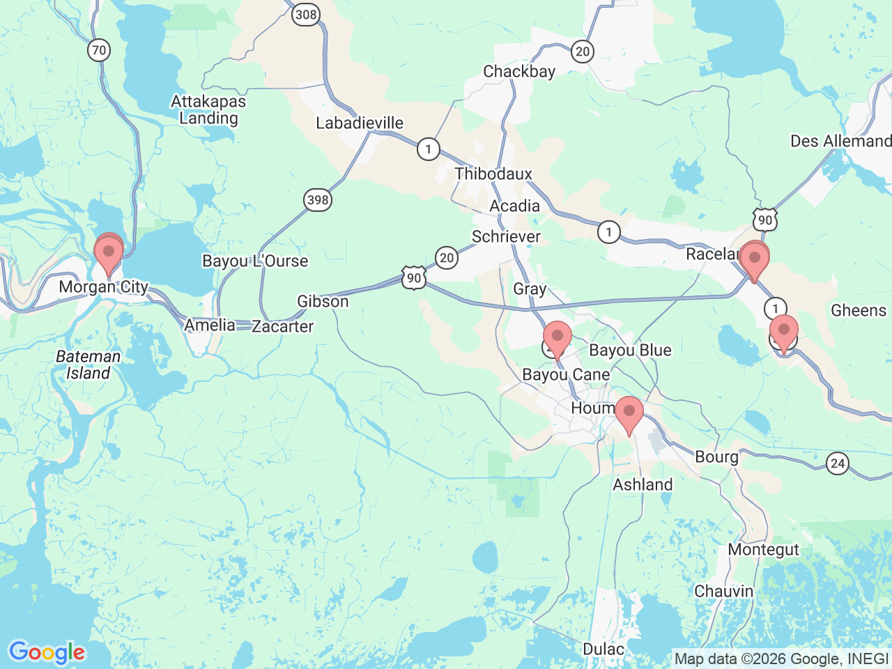 Map of Ochsner-affiliated facilities that provide services related to Bayou