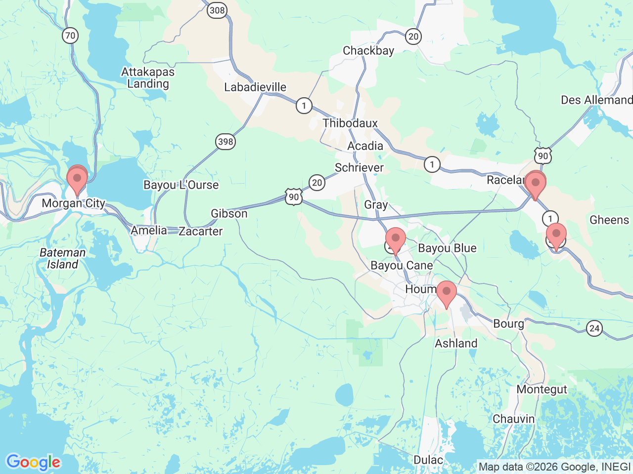 Map of Ochsner-affiliated facilities that provide services related to Bayou