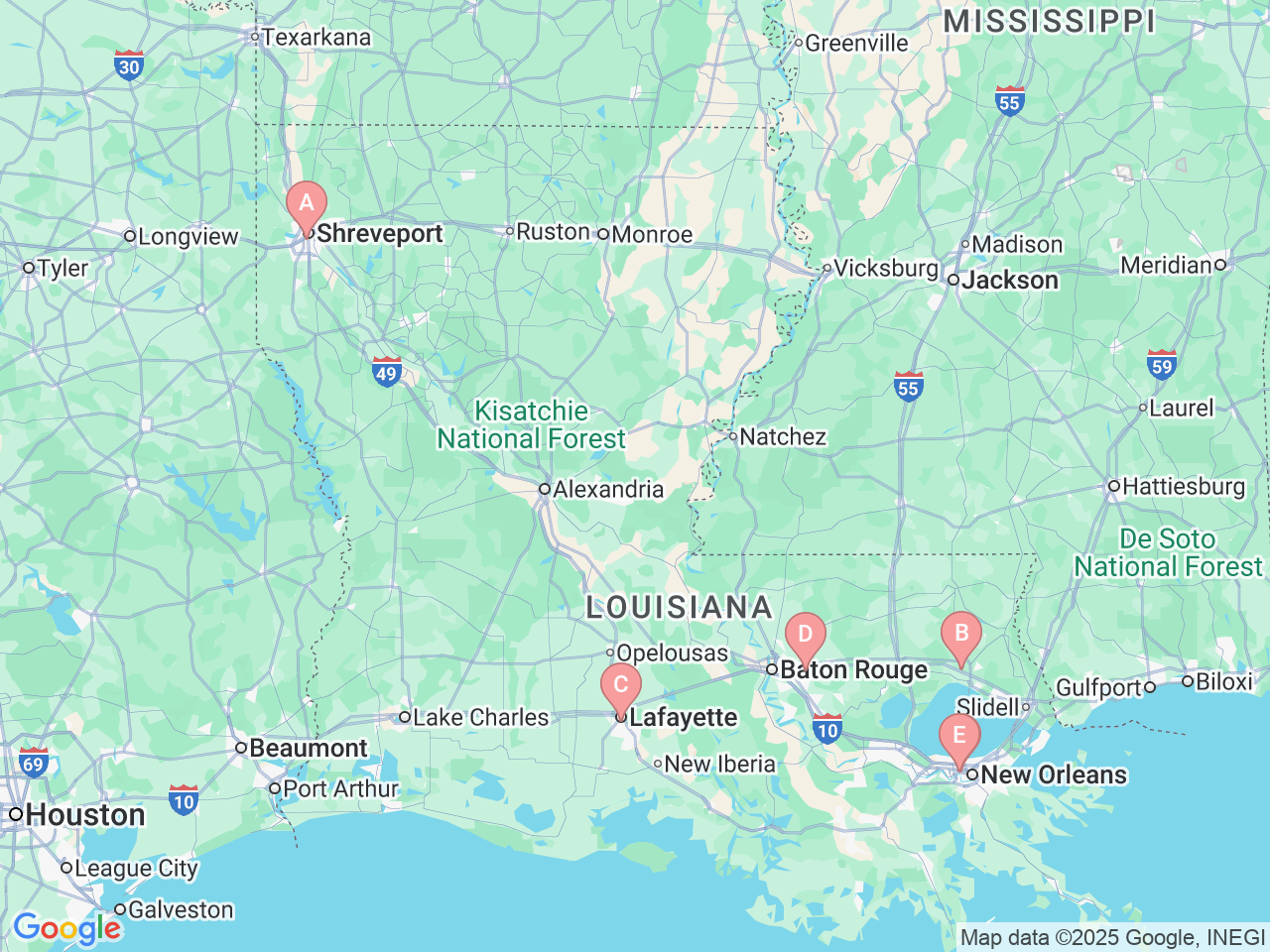 Map of Ochsner-affiliated facilities that provide services related to Stem Cell/Bone Marrow Transplant