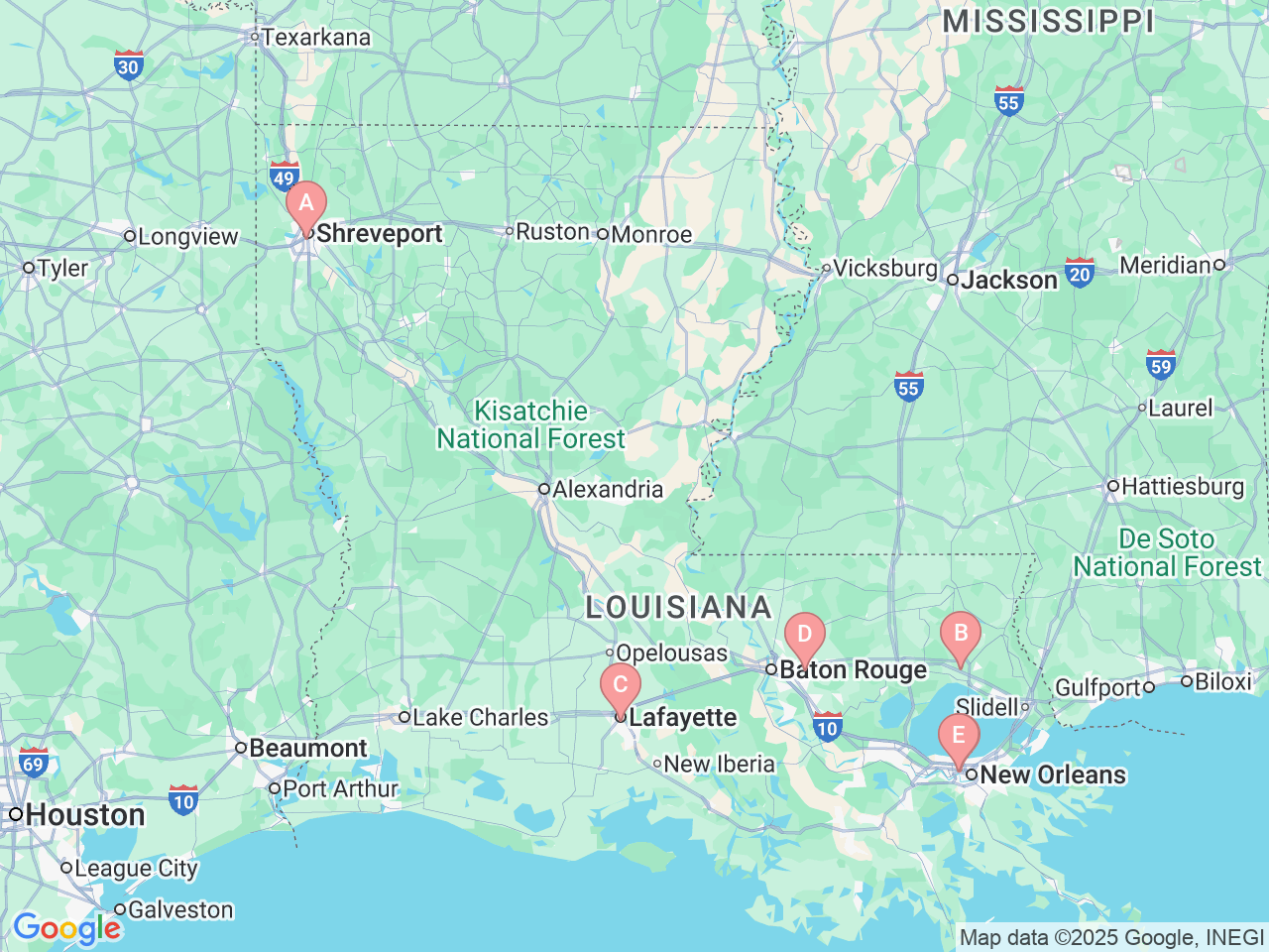 Map of Ochsner-affiliated facilities that provide services related to Stem Cell/Bone Marrow Transplant