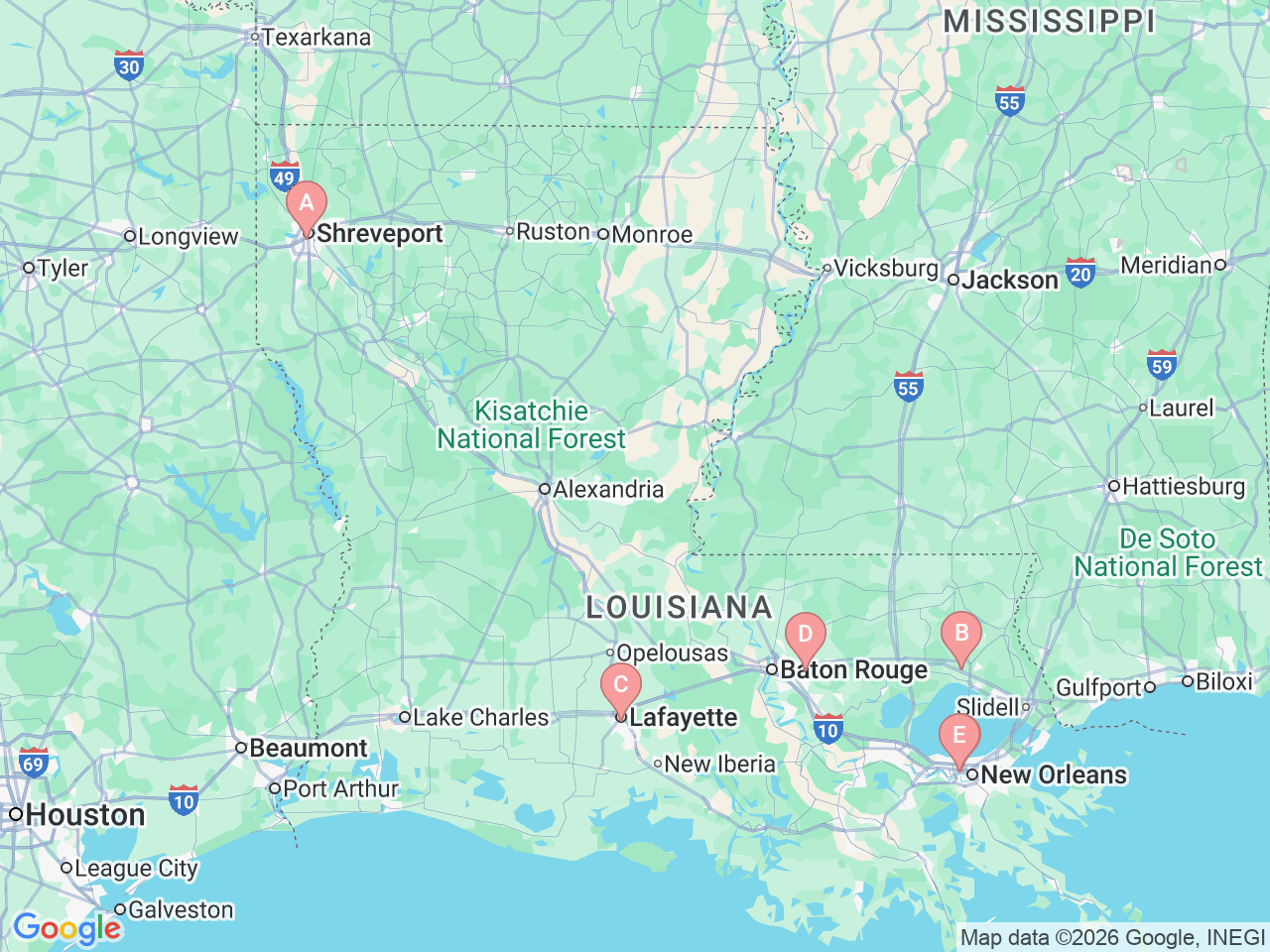 Map of Ochsner-affiliated facilities that provide services related to Stem Cell/Bone Marrow Transplant