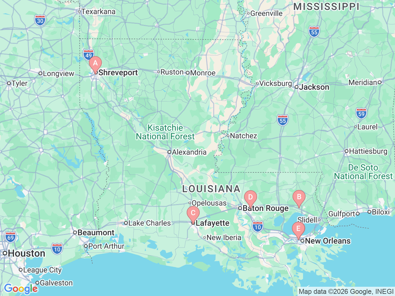 Map of Ochsner-affiliated facilities that provide services related to Bone Marrow Transplant