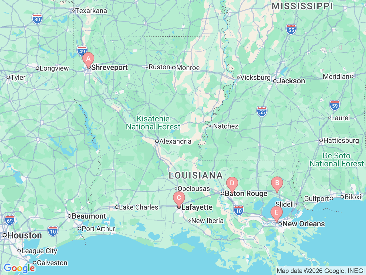 Map of Ochsner-affiliated facilities that provide services related to Bone Marrow Transplant